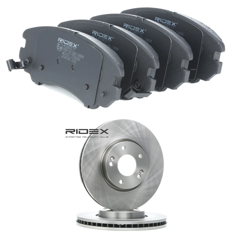Image of RIDEX 3405B2531 Brake disc and pads set Front Axle, Brake Disc Type: internally vented, with acoustic wear warning Brake Set,disc brakes (3405)
