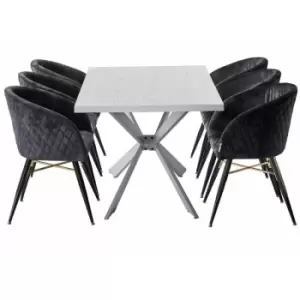 Image of Life Interiors - 7 Pieces Vittorio Duke Dining Set - a White Rectangular Dining Table and Set of 6 Black Dining Chairs - Black