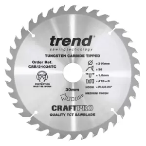 image of Trend CRAFTPRO Wood Cutting Saw Blade For DEWALT DCS7485 210mm 36T 30mm