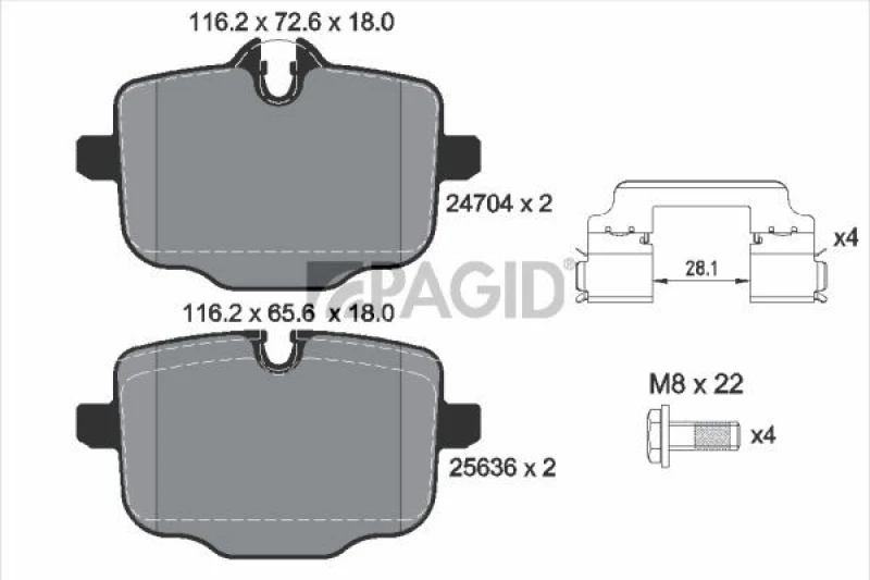 Image of PAGID T2558N Brake pad set not prepared for wear warning indicator, with accessories, with brake caliper screws Brake Pad Set,disc brake (402)