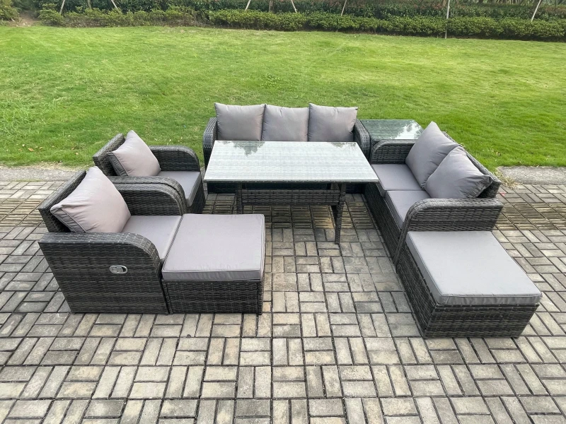 Image of Fimous 9 Seater Garden Rattan Furniture Dining Table Sofa Set Indoor Outdoor with 2 Reclining Chairs Side Tables 2 Big Footstool Dark Grey Mixed Dark