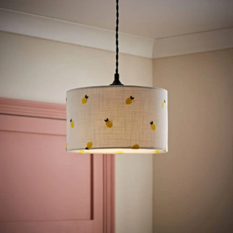 Image of ValueLights Brae Natural White Fabric Lemon Embroidered Drum Lamp Shade Off White