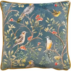 Image of Wylder Tropics Orient Chinoiserie Birds Print Velvet Piped Edge Cushion Cover, Slate Grey, 43 x 43 Cm