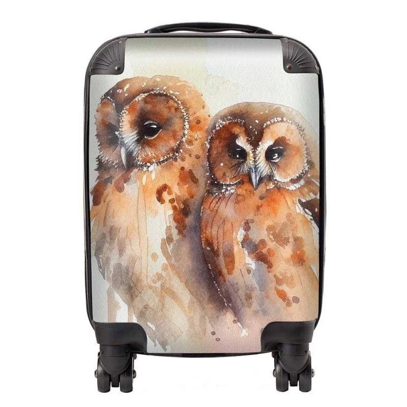 Image of Warren Reed - Designer Loving Tawny Owls Watercolour Suitcase in Brown Size: Large Brown Unisex Large