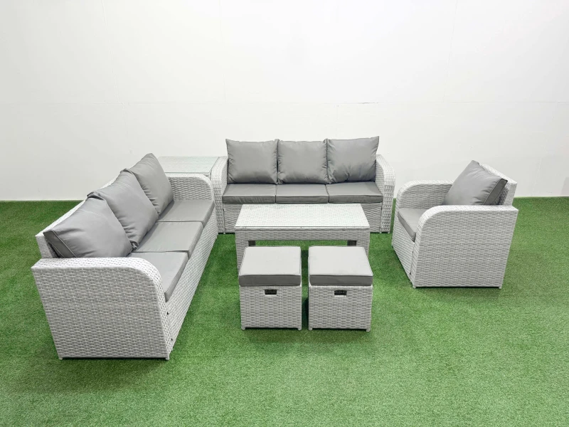 Image of Fimous 9 Seater Poly Rattan Outdoor Garden Furniture Oblong Coffee Table Sofa Set Patio 3 Seater Sofa Reclining Chair 3 Seater Sofa Stools Side Table