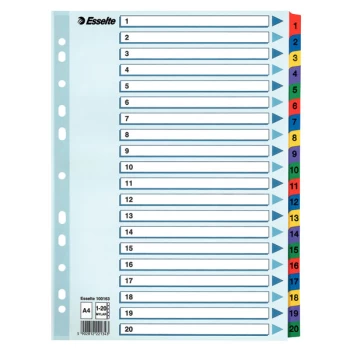 image of Esselte 100163 Multicoloured Mylar Tabbed A4 Index 1 - 20 160gsm Board