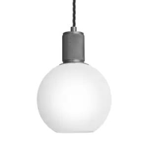 image of Industville Knurled Opal Glass Globe Pendant Light in White with Pewter Holder / Medium