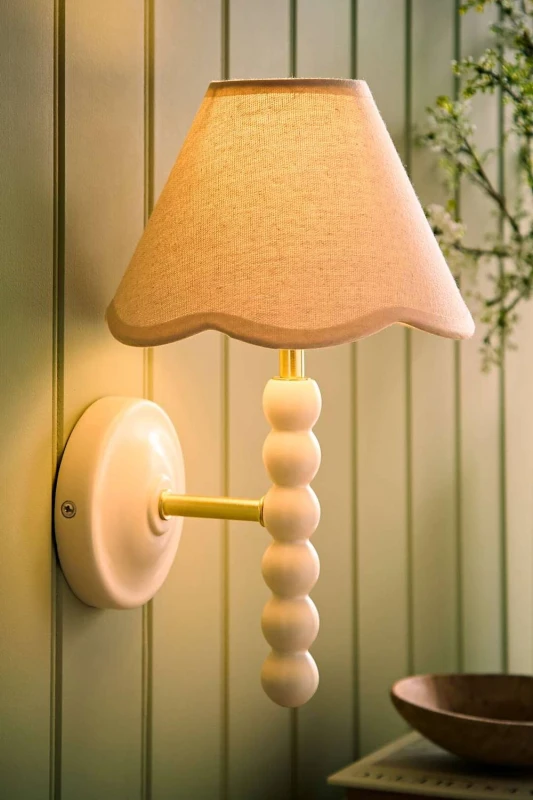Image of ValueLights Bobbins Cream Bobble Wall Light with Trim Linen Lamp Shade & Bulb in Natural Natural Unisex