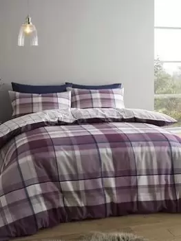 Image of Catherine Lansfield Check Reversible Brushed Duvet Cover Set In Plum