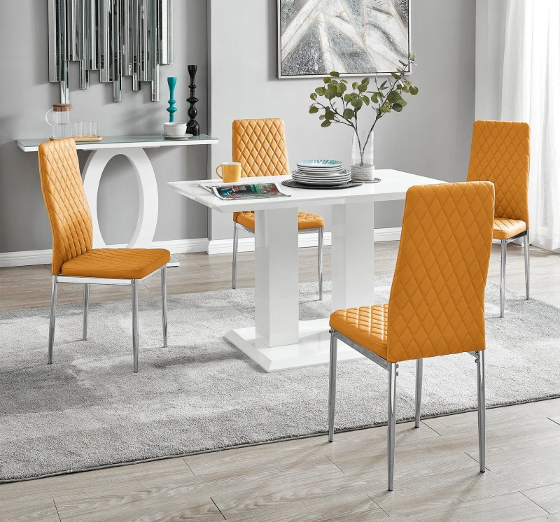 Image of FurnitureboxUK FurnitureboxUK Imperia 4 Seater Modern White High Gloss Rectangular Dining Table And 4 Milan Faux Leather Chairs in Mustard Mustard One