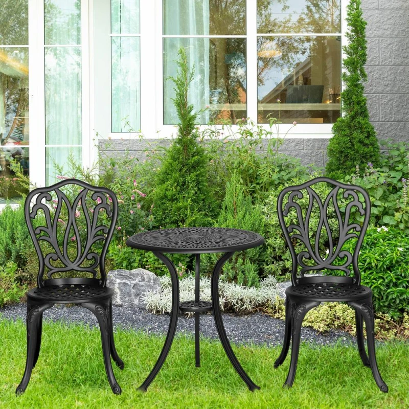 Image of Outsunny 3 Piece Patio Bistro Set Outdoor Table Set with Umbrella Hole Jet Black