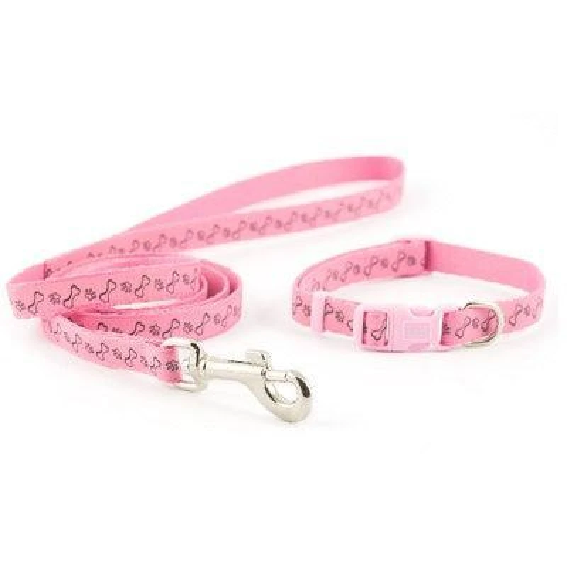 Image of Ancol Pink Reflective Paw and Bone Comfy 20-30cm Dog Collar & Lead Set Pink