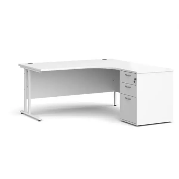 image of Office Desk Right Hand Corner Desk 1600mm With Pedestal White Top With White Frame Maestro 25