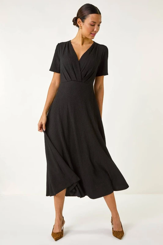 Image of Roman Womens Textured Wrap Bodice Midi Dress in Black Size: 12 Black Female 12