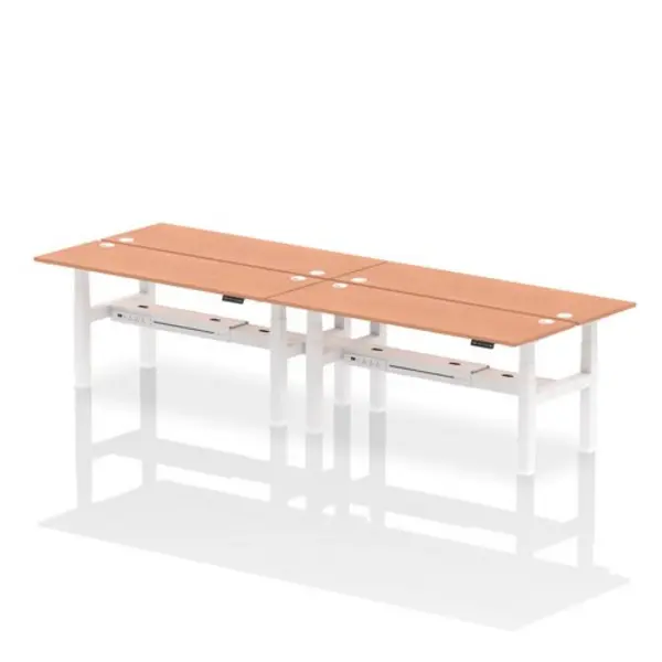 Image of Air Air Back-to-Back 1800 x 600mm Height Adjustable 4 Person Bench Desk Beech Top with Cable Ports White Frame HASCP4P18600BCHW