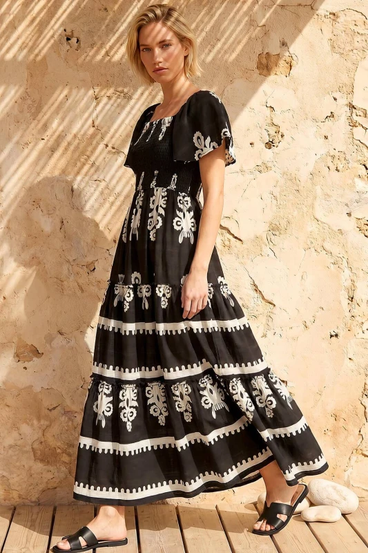 Image of Roman Womens Border Print Shirred Maxi Dress in Black Size: 10 Black Female 10