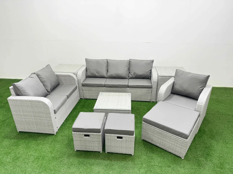 Image of Fimous Patio PE Wicker 9 Seater Outdoor Rattan Furniture Sofa Sets with Square Coffee Table Reclining Chair Loveseat Sofa 3 Seater Sofa Stool 2 Side T