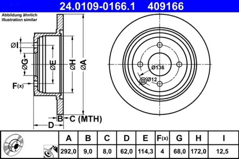 Image of ATE 24.0109-0166.1 Brake disc solid, Coated Brake Disc (82)