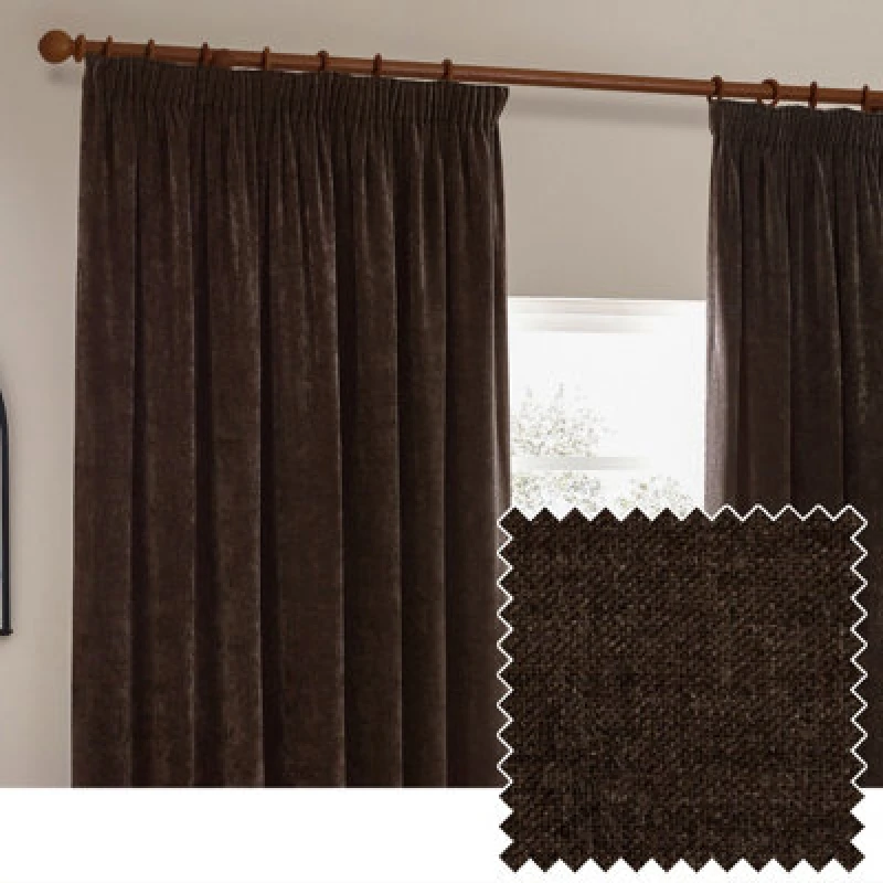 Image of Yard Heavy Chenille Velvet Ready Made Pencil Pleat Curtains Brown