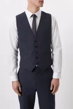 image of Slim Fit Navy Overcheck Waistcoat