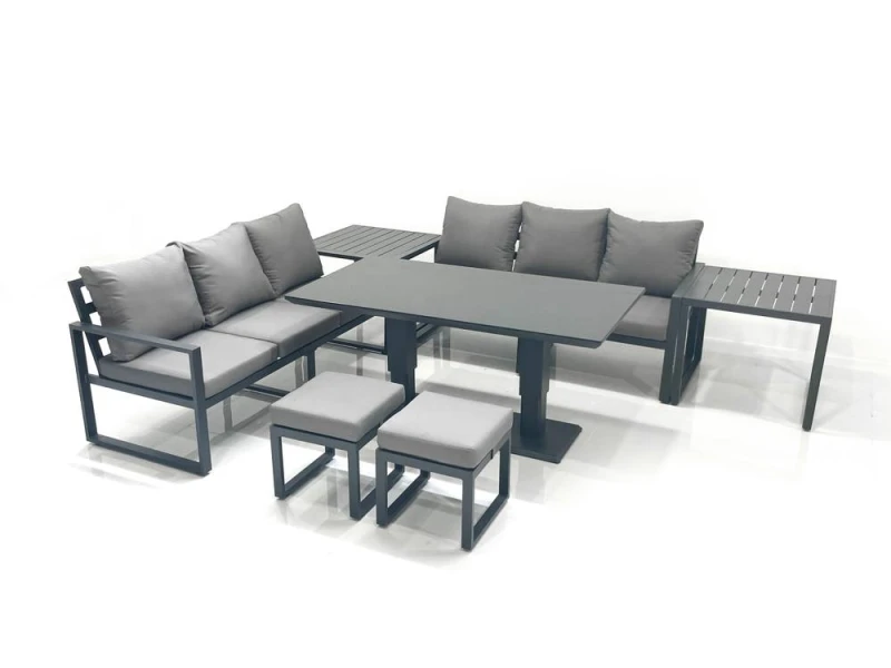Image of Fimous 8 Seater Aluminium Outdoor Garden Furniture Set w/ Adjustable Rising Lifting Dining Table 3 Seater Sofa 2 Small Footstool 2 Side Tables Dark Da