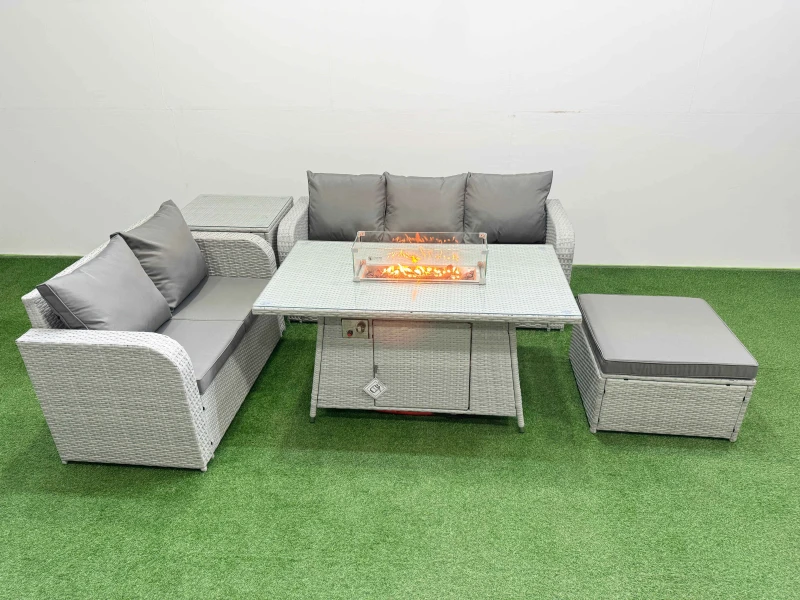 Image of Fimous 6 Seater PE Rattan Wicker Garden Furniture Patio Conservatory Sofa Set with Firepit Dining Table 3 Seater Sofa Love Sofa Big Footstool Side Tab
