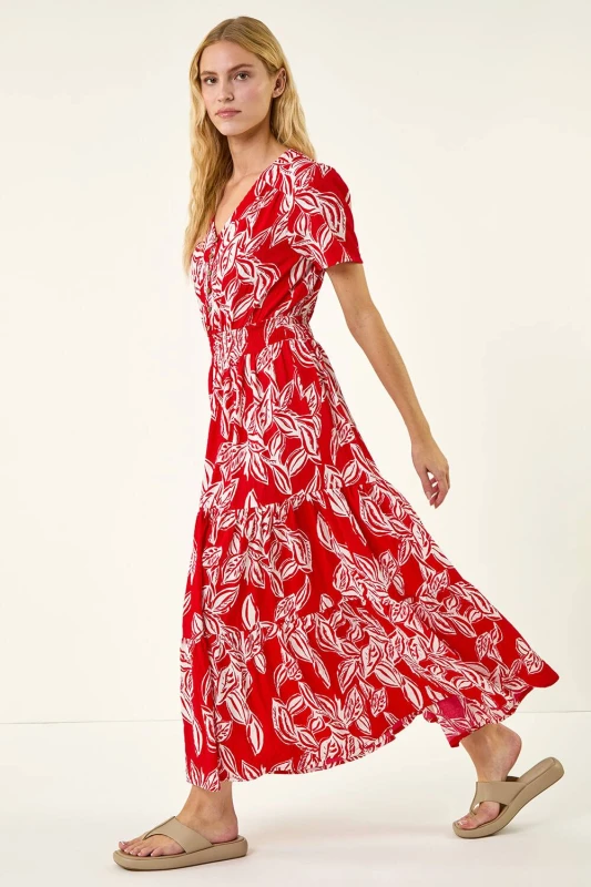 Image of Roman Womens Leaf Print Shirred Maxi Dress in Red Size: 12 Red Female 12