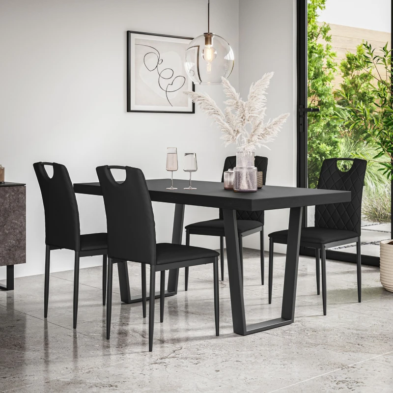 Image of More4Homes Aria Dining Table And Chairs - Black Table Top W Black Legs + Monza Faux Leather Dining Chair Set Of 4 (Black)