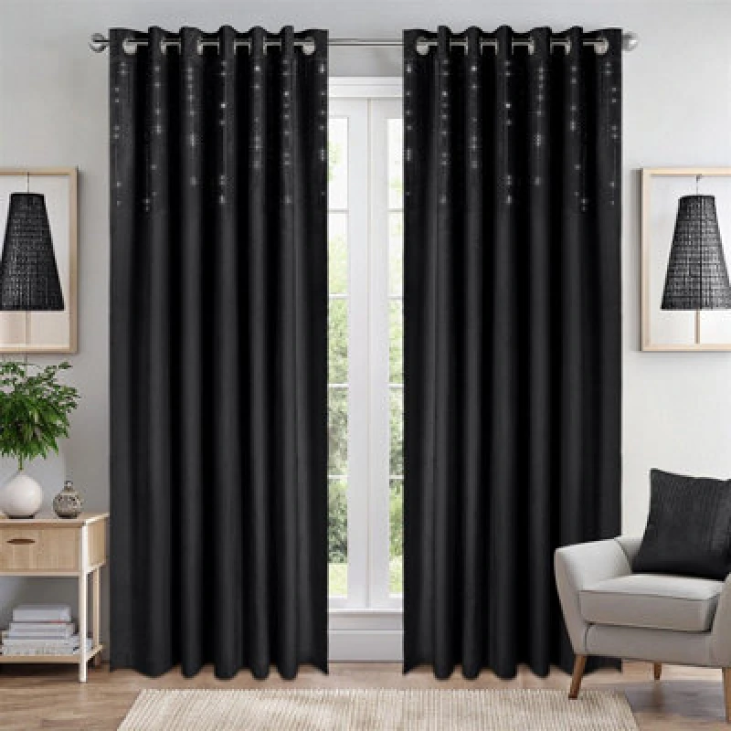 Image of Luxury Living Triple Woven Blackout Velvet Ring Top Curtains With Cascading Diamante Studs 117Cm X 137Cm Black