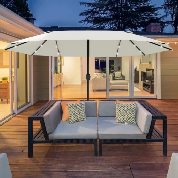 Image of Outsunny 4.4m Double-Sided Sun Umbrella Garden Parasol Patio Sun Shade Outdoor with LED Solar Light , Cream White