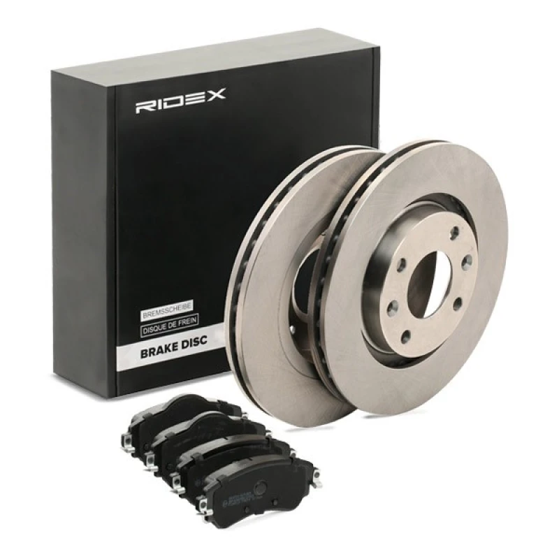 Image of RIDEX 3405B1373 Brake disc and pads set Front Axle, Brake Disc Type: Externally Vented, with acoustic wear warning Brake Set,disc brakes (3405)