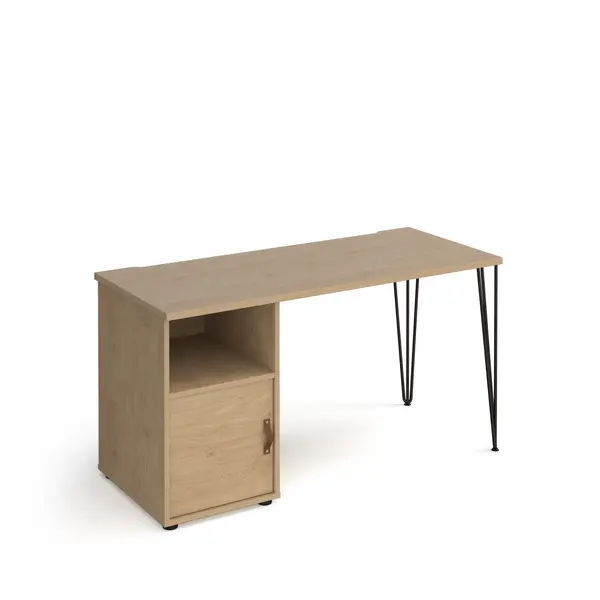 image of Tikal Straight Oak Desk with Black Hairpin Leg with Oak Cupboard Door - 1400mm x 600mm