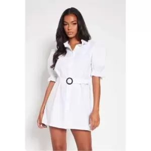Image of I Saw It First White Cotton Poplin Belted Puff Sleeve Shirt Dress - White