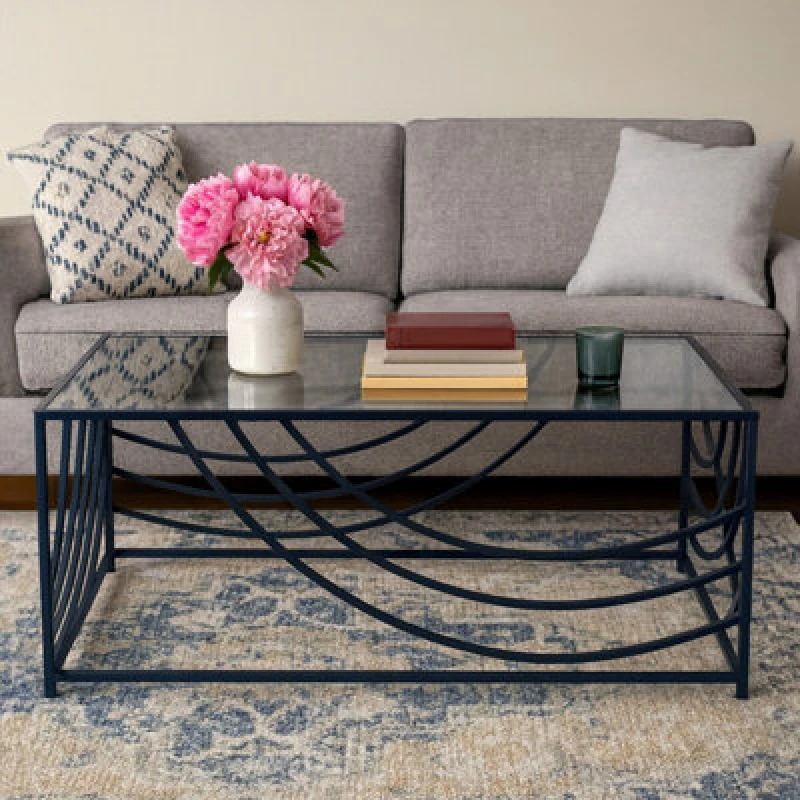 Image of Orsina Mirrored Glass Top Coffee Table, Black Iron Frame With Curved Side Detailing, Open Frame Centrepiece