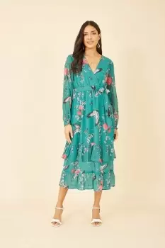 Image of Green Crane Print Long Sleeve Wrap Midi Dress