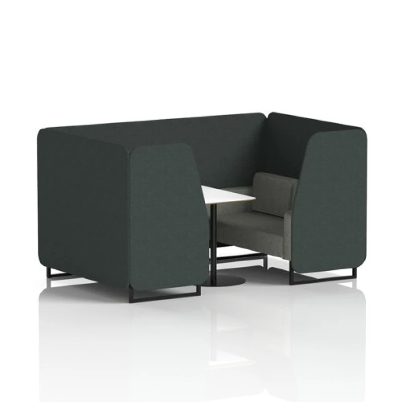 Image of Brixworth 4 Seater Office Booth with Front Panel - Black Legs and White Table with Black Leg in Rivet Fabric - Charcoal Panels and Vitreous Sofa