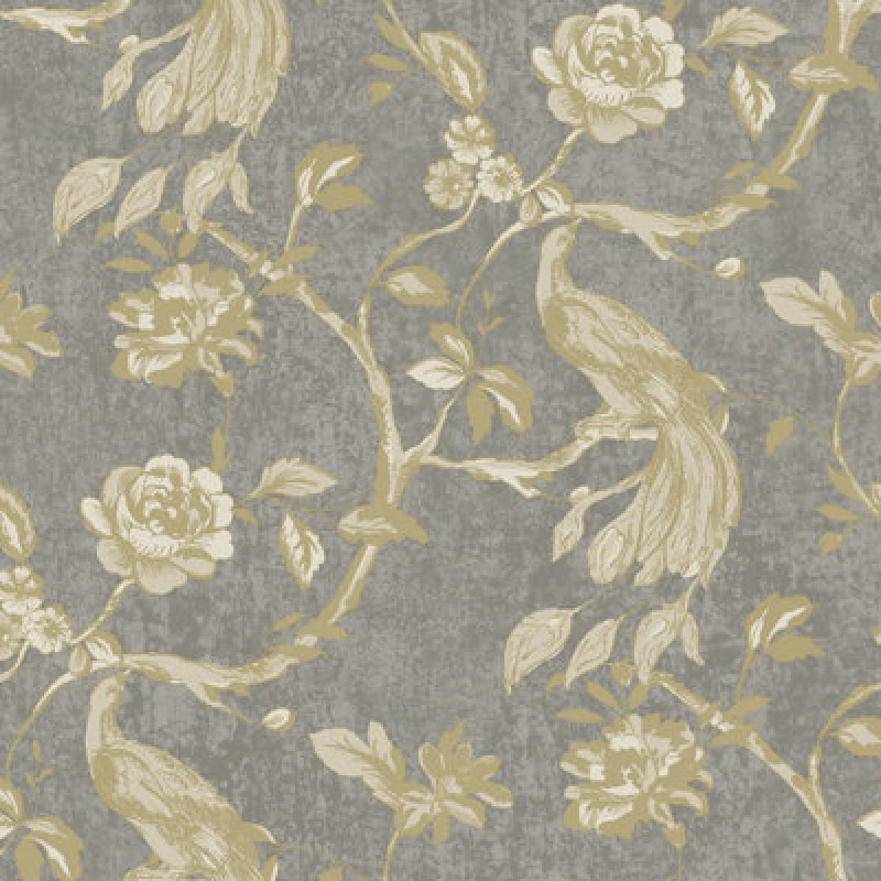 Image of Paul Moneypenny Glistening Gold Paradise Birds Trail Charcoal Textured Wallpaper For Grandeco