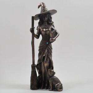 image of Witch with Black Cat Bronze Ornament 20cm