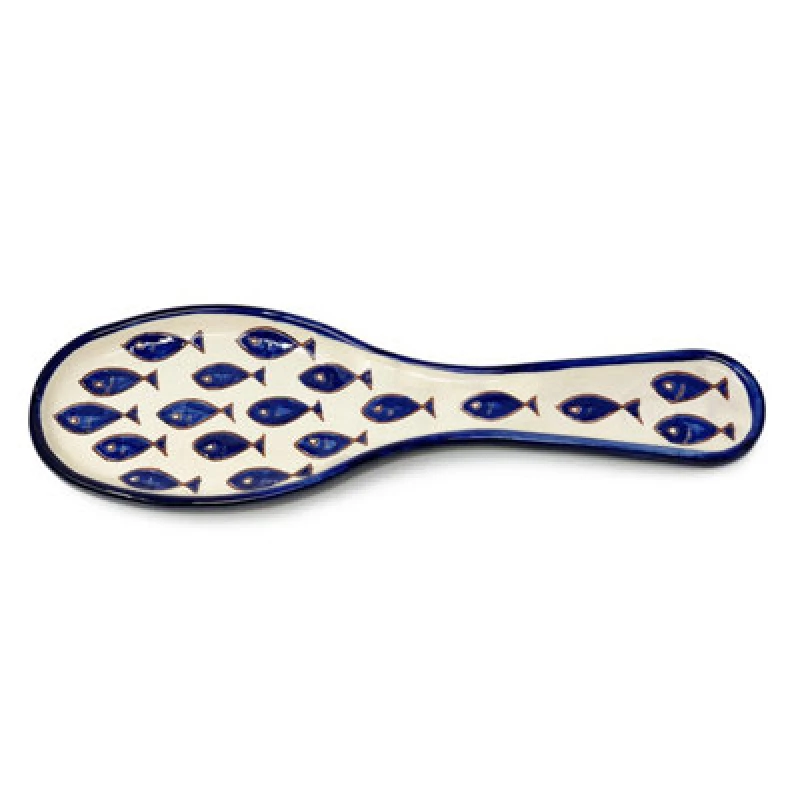 Image of Verano Spanish Ceramics Signature Blue & White Fish Hand Painted Ceramic Utensil Spoon Rest (L) 28Cm