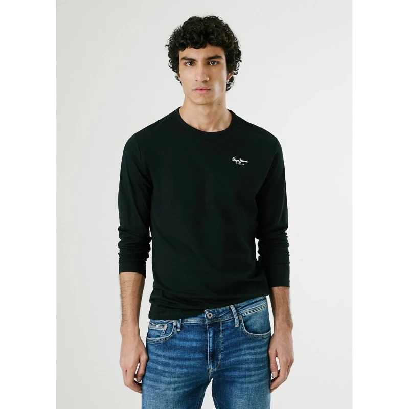 Image of Pepe Jeans Original Stretch T-Shirt with Long Sleeves Black Cotton XS