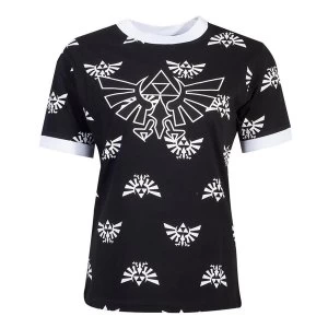 Image of Nintendo - Hyrule Royal Crest With All-Over Print Pattern Womens X-Large T-Shirt - Black/White