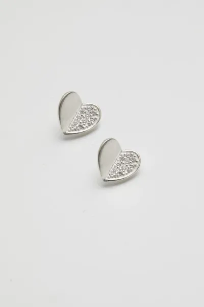 image of Recycled Sterling Silver 925 Mini Heart Polished And Pave Stud Earrings