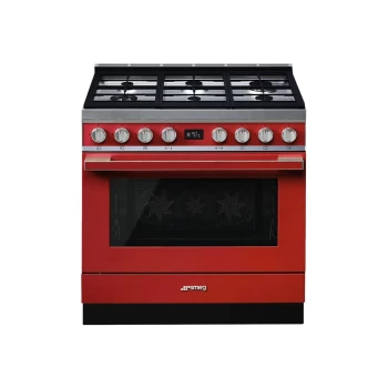 image of SMEG Portofino 90cm Pyrolytic Dual Fuel Range Cooker - Red