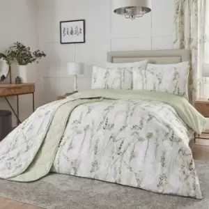 image of Dreams & Drapes Wild Stems Botanical Print Easy Care Reversible Duvet Cover Set, Green, Super King