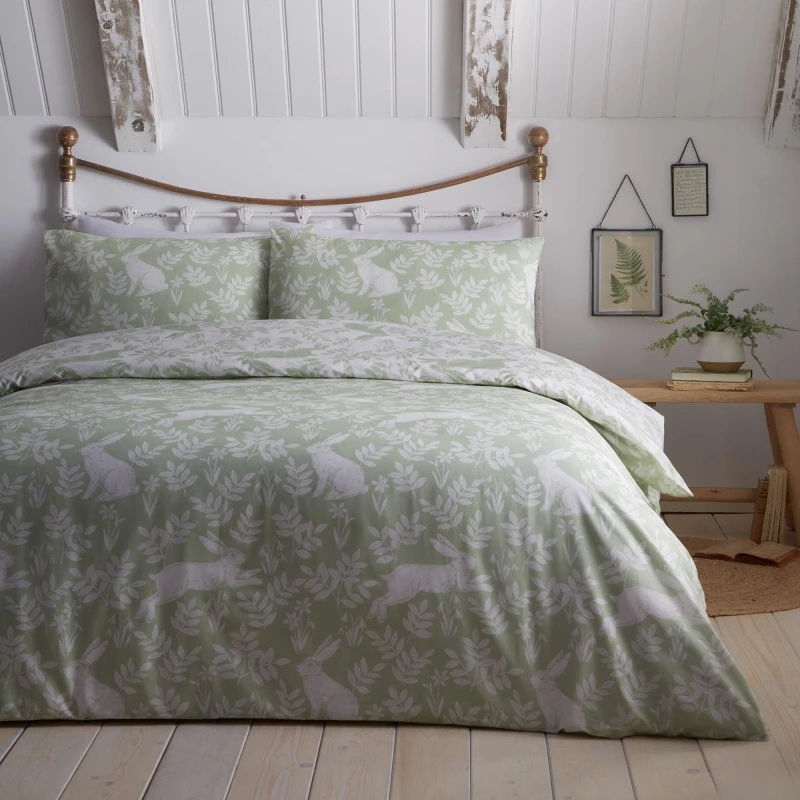 Image of Dreams and Drapes Spring Rabbits Reversible Duvet Cover Pillowcase Set Green