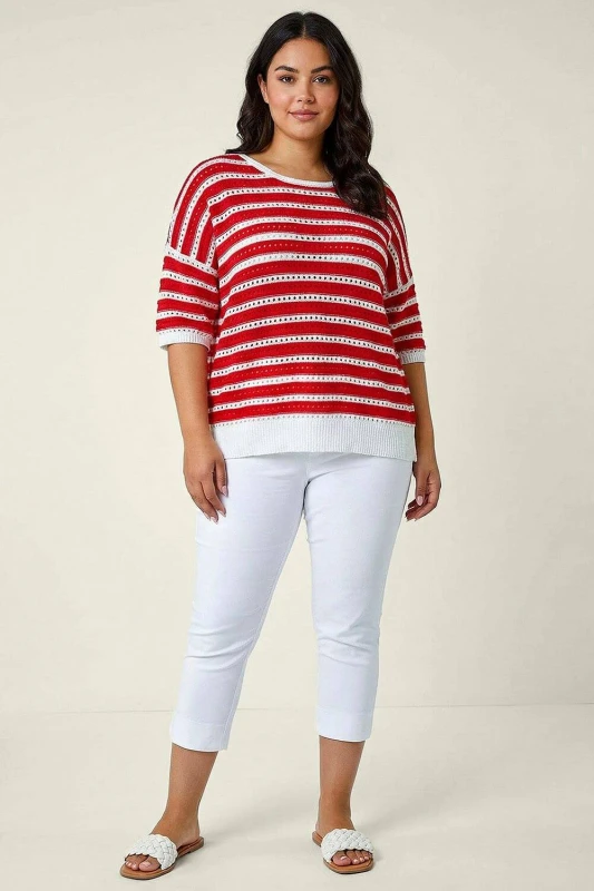 Image of Roman Womens Curve Crochet Stripe Knit Top in Red Size: 16 Red Female 16