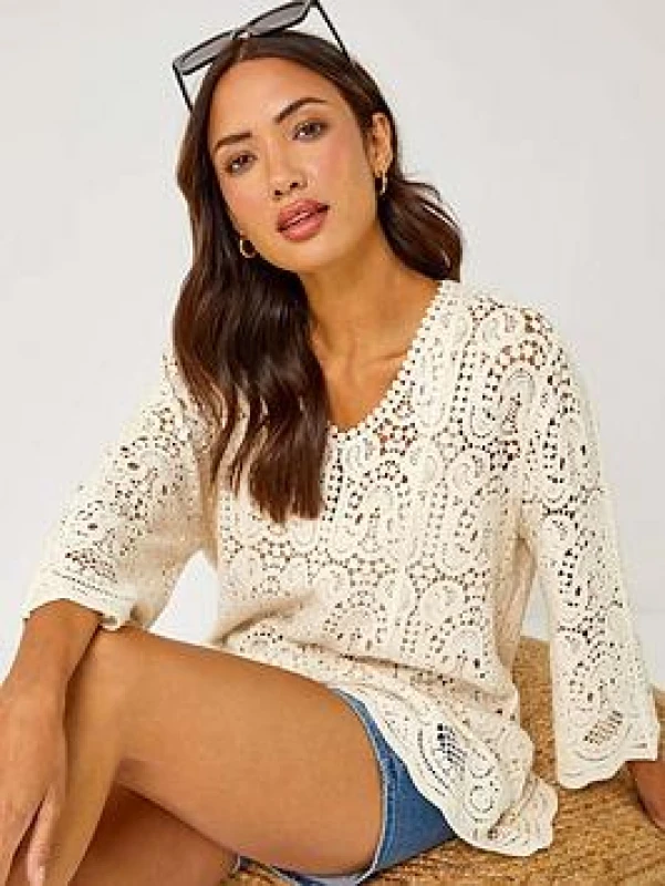 Image of Roman Cotton Crochet Tunic Top Natural
