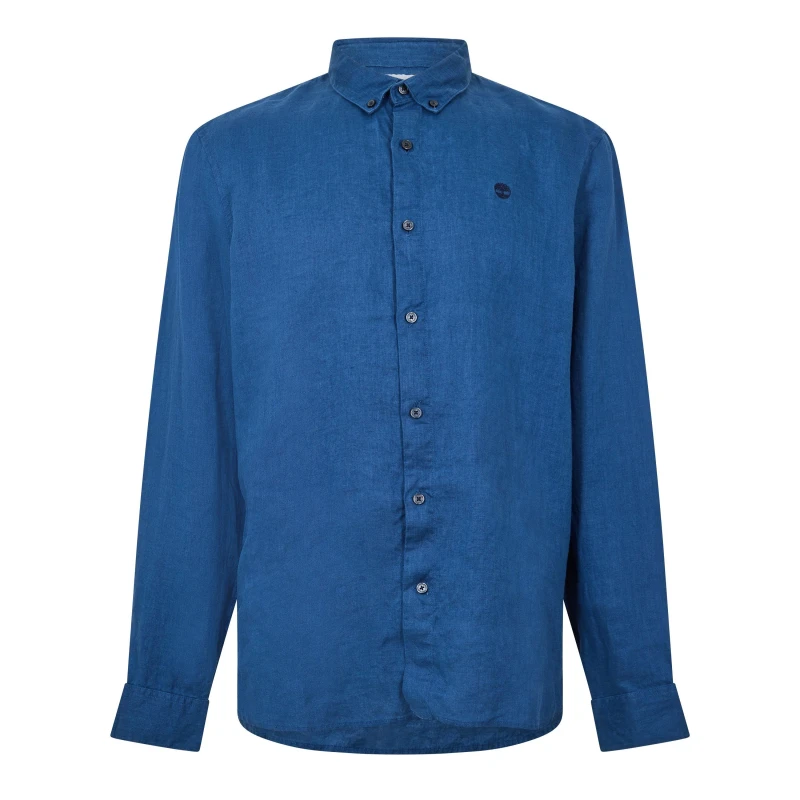 Image of Timberland Mens Mill Brook Linen Leaf Green Long-Sleeve Plain Shirt Dark Denim male S