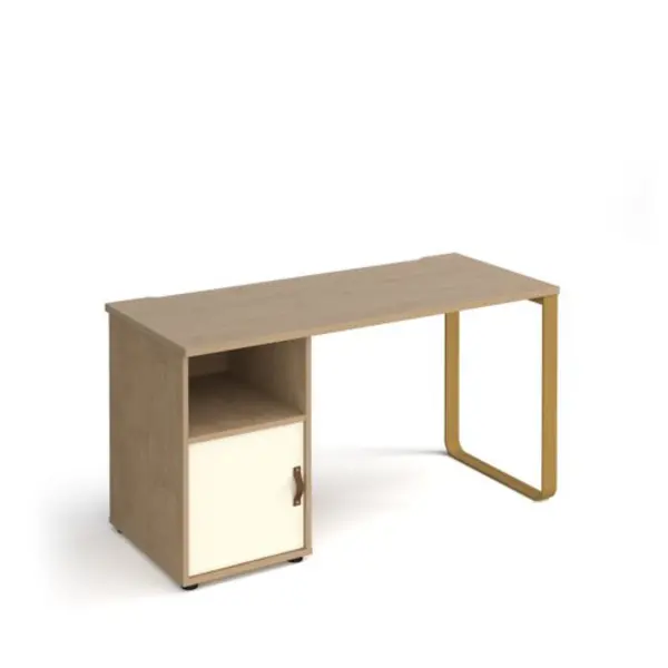 Image of Cairo straight desk 1400mm x 600mm with sleigh frame leg and support pedestal with cupboard door - brass frame, oak finish with white door