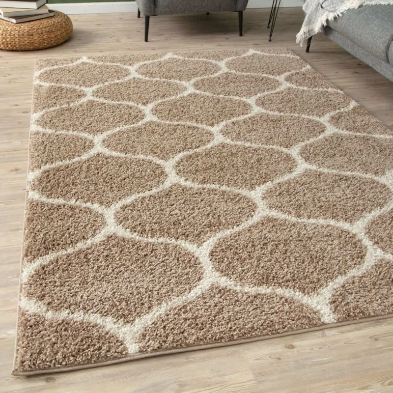 Image of THE RUGS Soft Trellis Shaggy Rugs & Runners Beige & Ivory Living Room Size: 80cm x 300cm Beige Unisex 80cm x 300 cm